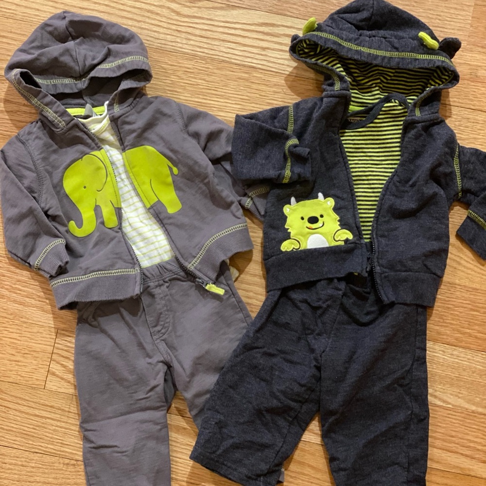Carters 2 matching outfits gray and green 6 months
